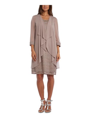 R&M RICHARDS Womens Beige 3/4 Sleeve Open Front Drape Sleeveless Shift Dress 4