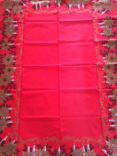 Vintage Christmas Holiday Tablecloth - Gold Poinsettias & Silver Candles - 64x48