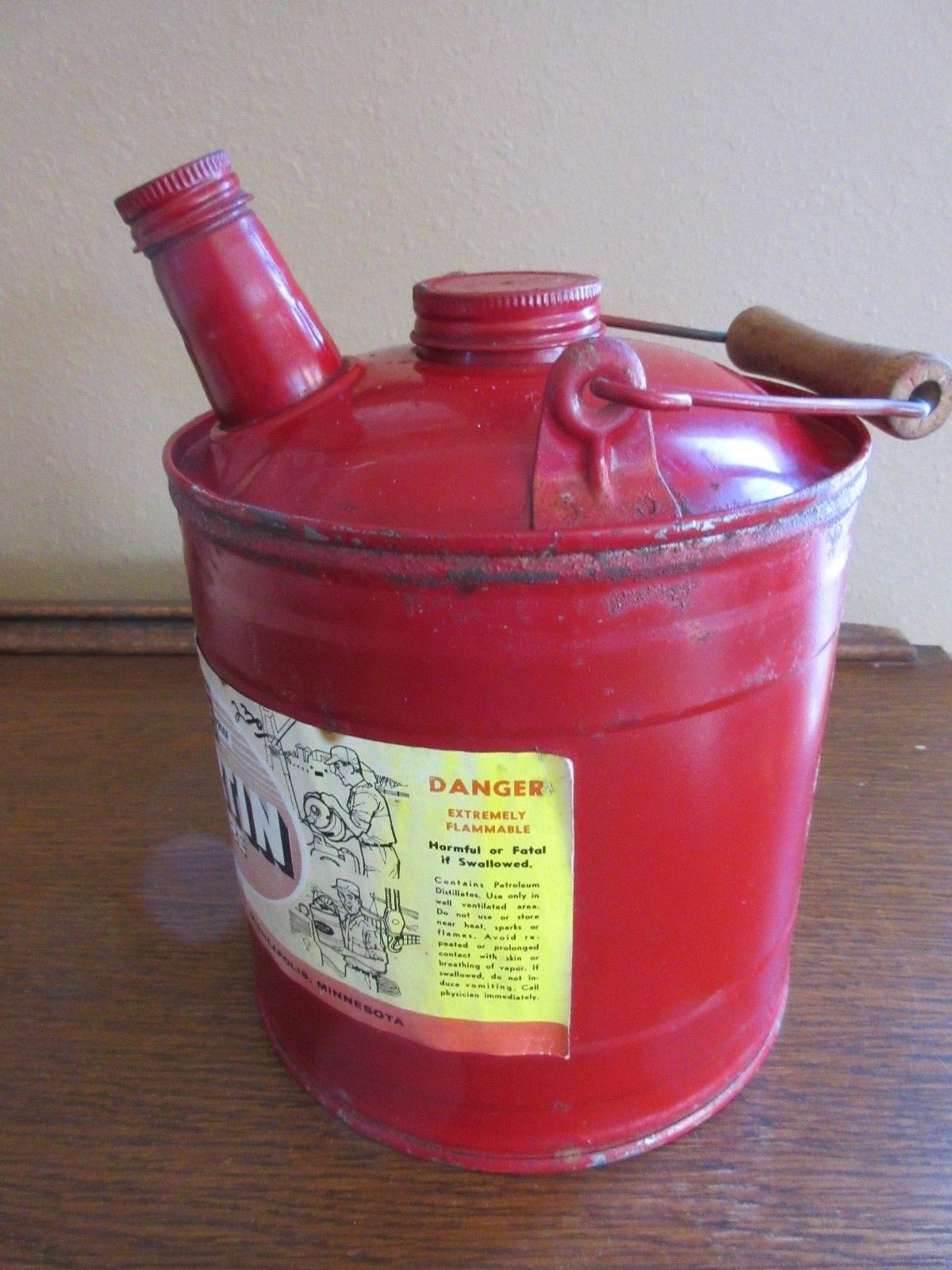 Vintage MARTIN WARE Red Metal Gas Can w/Wooden Handle - Minneapolis - EUC