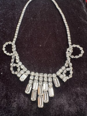 Vintage 1950s-1960s Silver Tone Rhinestone Bow Necklace with Baguette Crystal