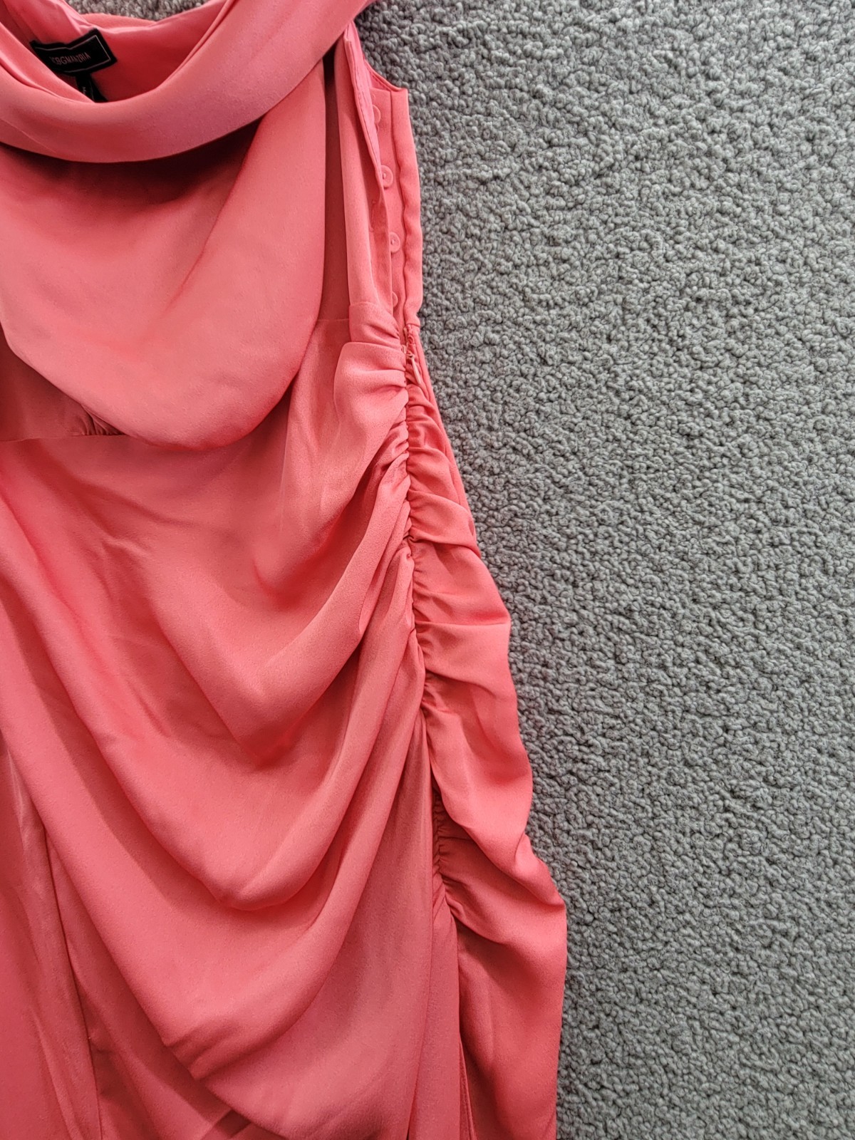 BCBGMAXAZRIA Asymmetric Neck Long Dress Women's 6 Coral Side Zip w/ Button - Picture 5 of 13