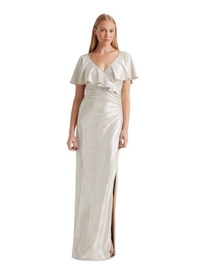 

RALPH LAUREN Женское платье серебристого цвета с металлизированным вырезом и искусственным запахом, Серебряный