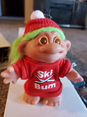 Vintage Troll Doll 5'' Dam Norfin 1986 Ski Bum 5411 Green Hair Complete With Hat