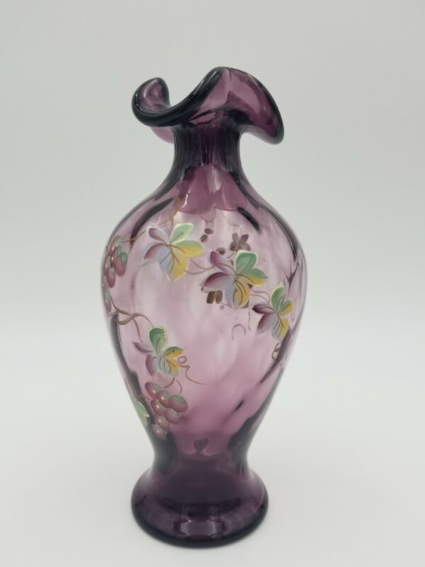 Fenton Art Glass Hand Painted Purple Vase Ruffled Top Artist Signed 