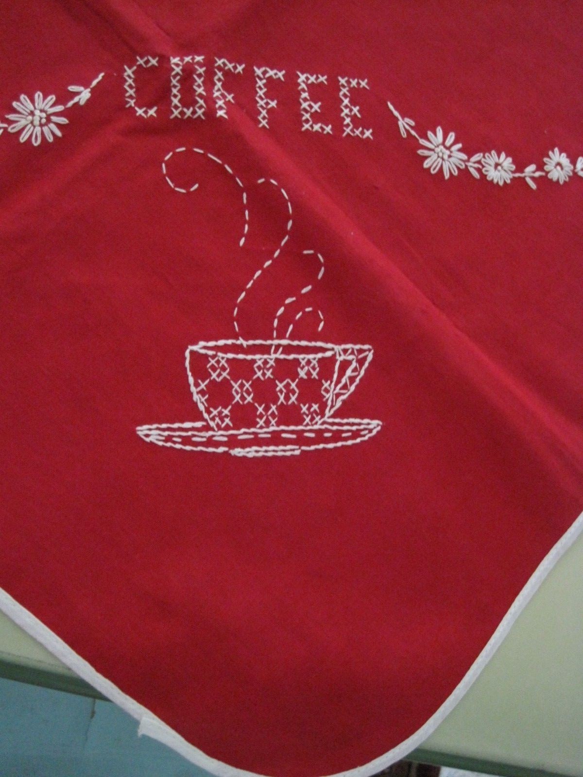 Adorable Vintage Red & White Embroidered Tablecloth w/matching Toaster Cover