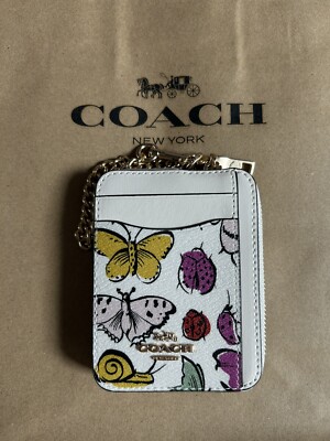 NWT COACH Zip Card Case Creature Butterfly  Lady Bug Print Leather CR403 Chalk