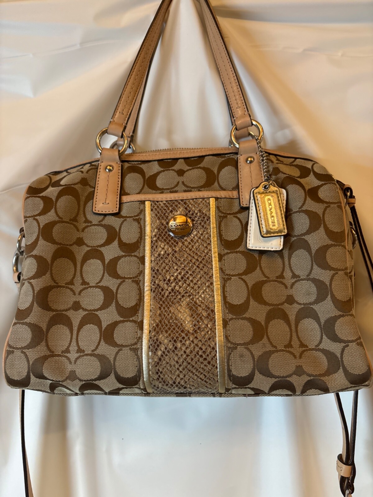 COACH KHAKI SIGNATURE PYTHON STRIPE SATCHEL 27364 HANDBAG COACH KHAKI SIGNATURE PYTHON STRIPE SATCHEL 27364 HANDBAG