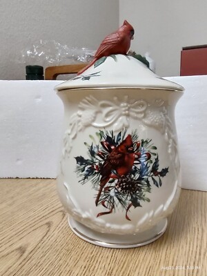 Vintage Lenox Winter Greetings cardinal cookie jar/canister/storage with lid