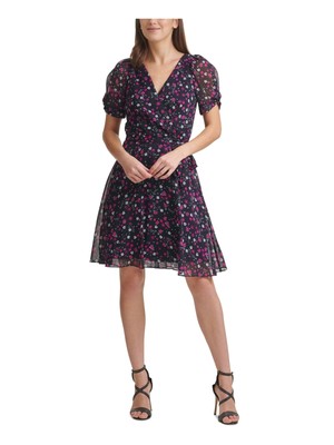 

DKNY Женское темно-синее шифоновое платье с завязками и рукавами-пуфом с поясом и искусственным запахом, Navy