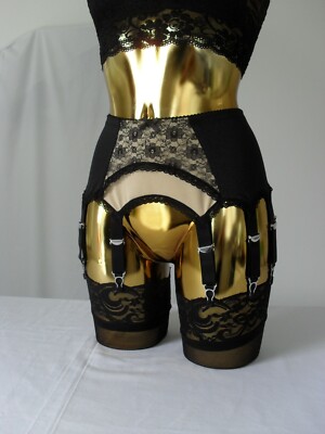 Med-XL 14 Strap Black + Gold Lycra Arch Lace Designer Retro Sexy Suspender Belt