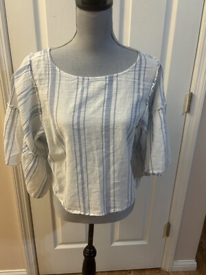 Vanilla Star Size Medium Top Boho Blouse Ruffle Bell Sleeves Striped Blue & Whit