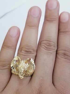 Pre-owned Globalwatches10 Real 10k Yellow Gold Antler Deer Head Mens Horn Goat Head Ring Diamond Cut