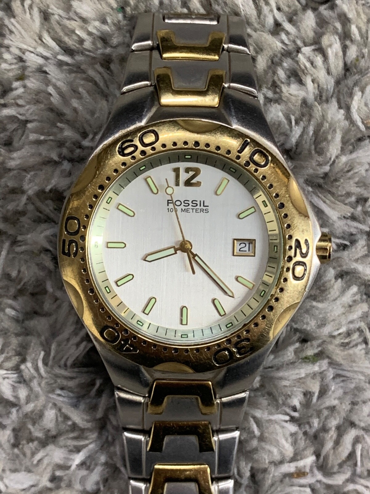 Fossil Silver Gold Blue Am 3424 Meters Dress Dive Untested 125662473920