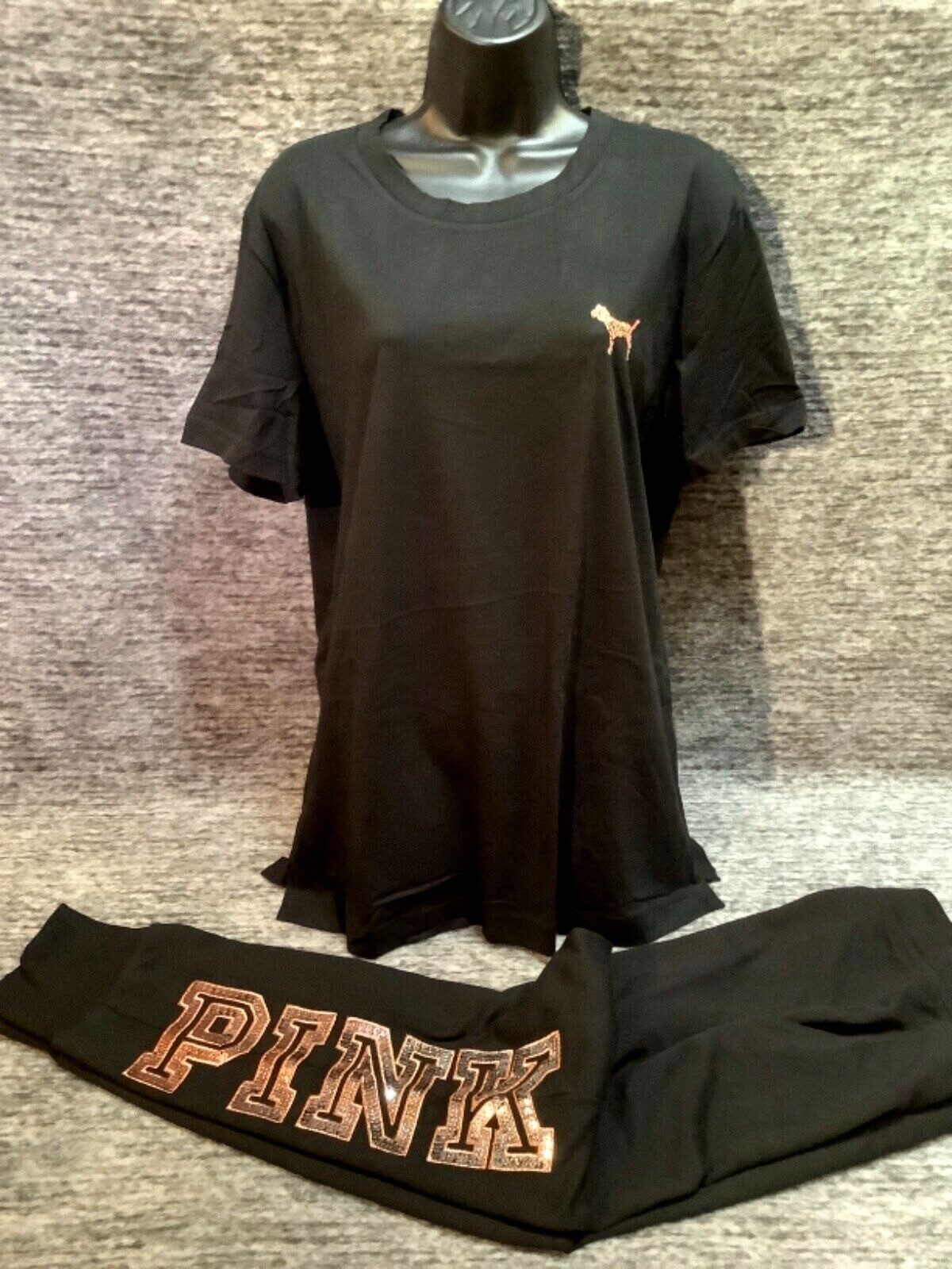 Pre-owned Victoria's Secret Pink Bling Campus Tee Shirt + Jogger Set Ombre Rose Gold L