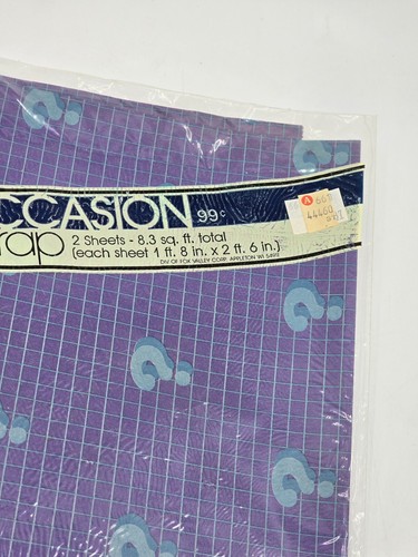 VTG Retro 90s Gift Wrap Wrapping Paper Question Mark Design Purple Teal Grid