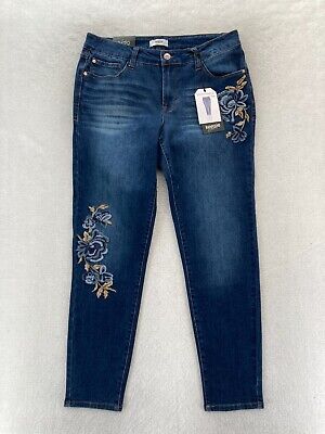 Kensie Jeans Women's 8/29 Skinny Ankle Crop Dark Blue Denim Floral Embroidered