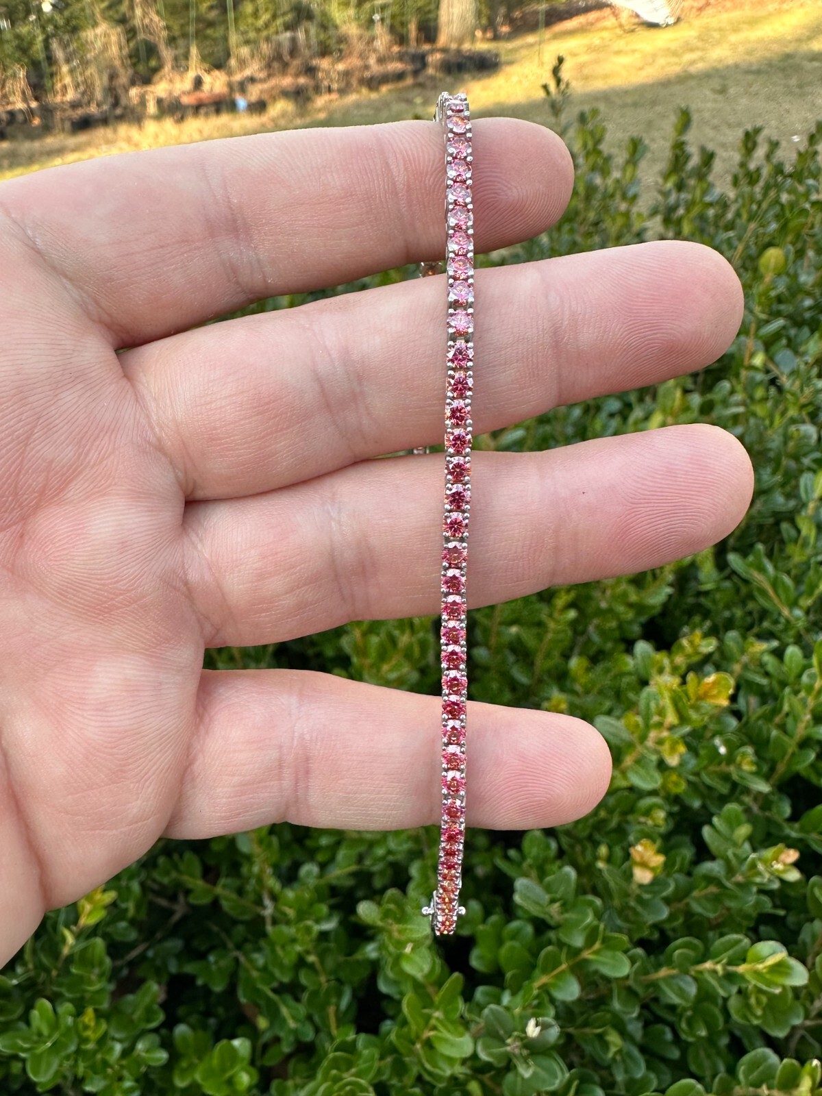 Pre-owned Silver Real Iced Pink Moissanite 3mm Tennis Bracelet 925  Pass Diamond Tester