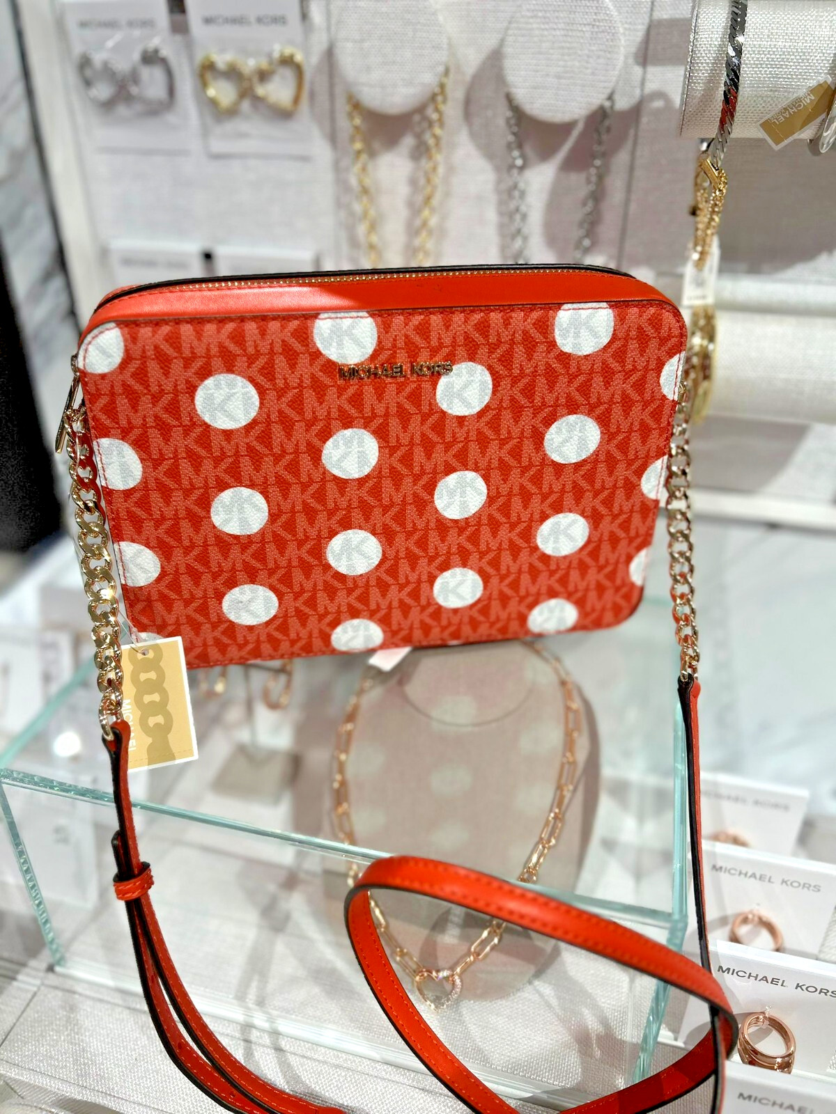 未使用☆Michael Kors ミニボストン ショルダー紐付き レッド MK柄 未使用☆Michael Kors ミニボストン ショルダー紐付き レッド MK柄