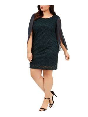 CONNECTED APPAREL Womens Green Textured Jacquard Tulip-sleeve Scoop Neck Above