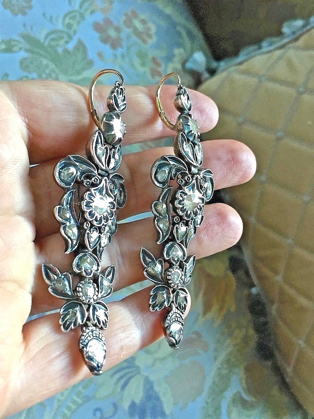 Georgian 18k Gold Diamond Silver Earrings Pendeloque Portuguese Long Rare 18th c