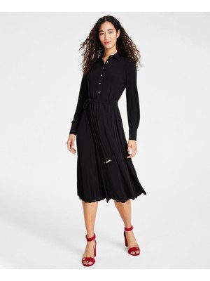 TOMMY HILFIGER Womens Black Unlined Button Top Tie-belt Midi Shirt Dress 16