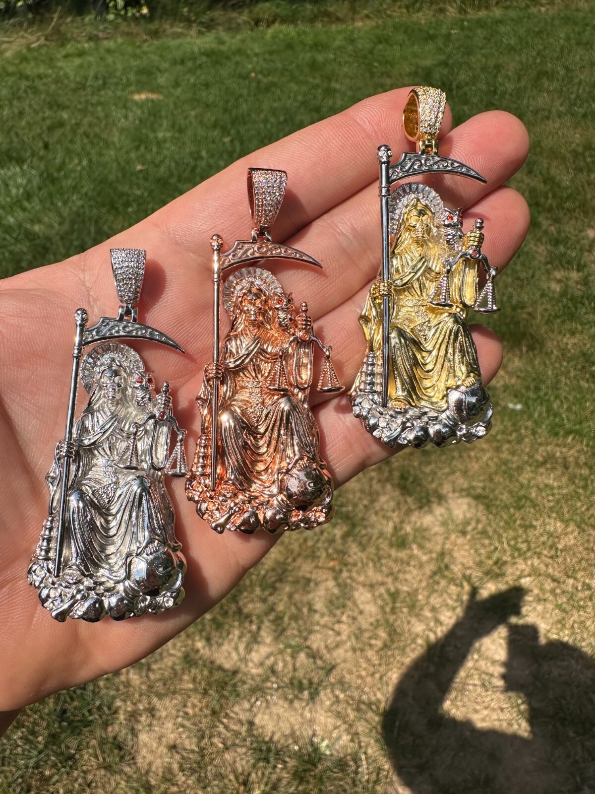 Pre-owned Harlembling Moissanite Santa Muerte Grim Reaper Pendant 925 Silver / 14k Gold Rose Necklace In White