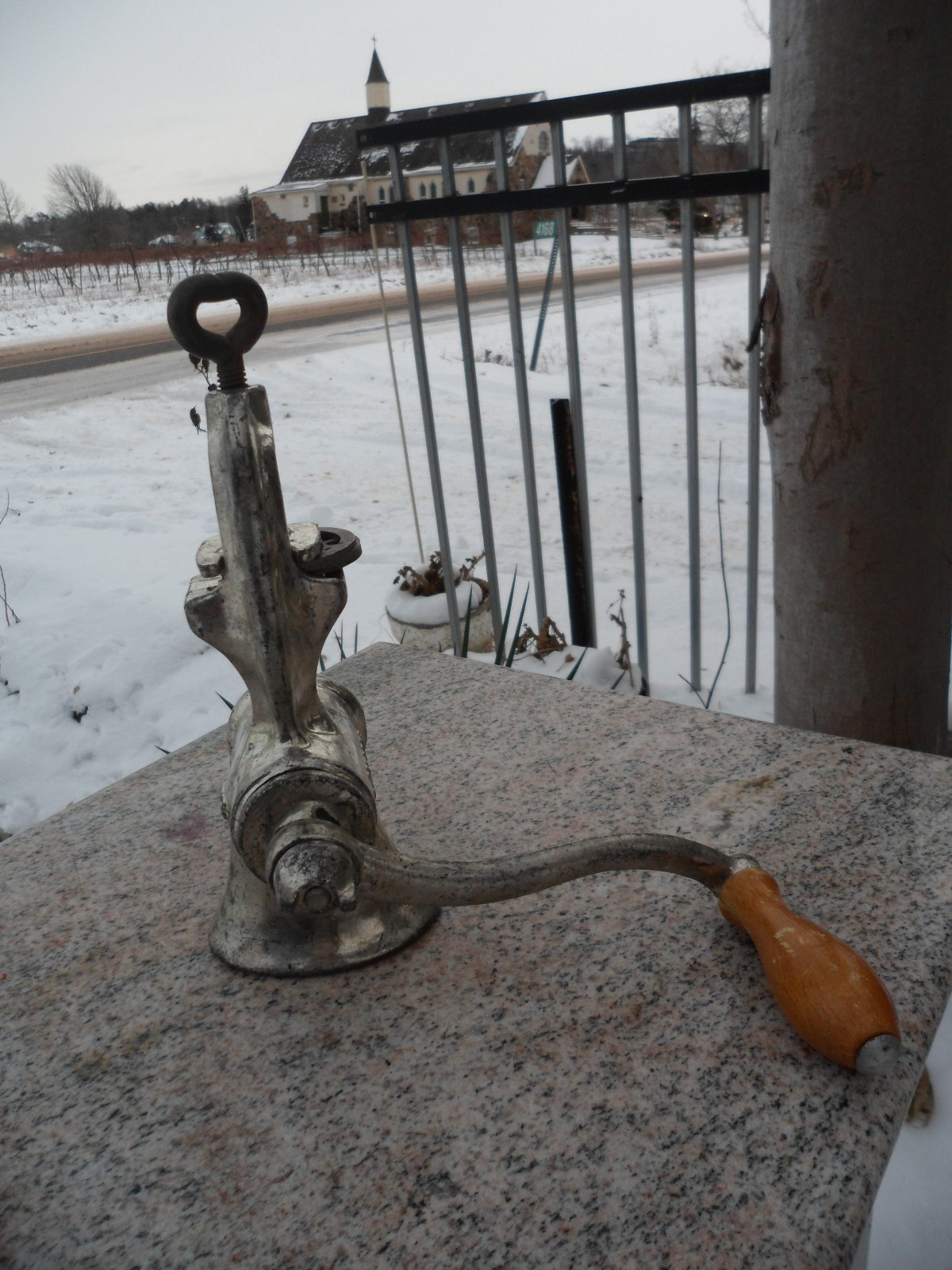 Vintage Meat Grinder Hand Crank Clamp Metal NO #8 Made in England Wood Handle