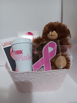 gift basket breast cancer awareness think pink ribbon tumbler magnet teddy bear