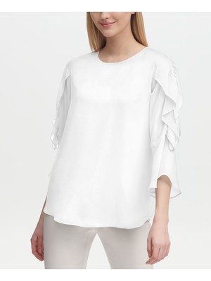 

CALVIN KLEIN Белый женский топ с рюшами и рукавами 3/4, украшенным вырезом, размер