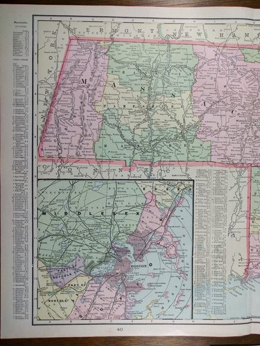 Vintage 1900 MASSACHUSETTS RHODE ISLAND Map Old Antique MYSTIC FOXBORO MAPZ
