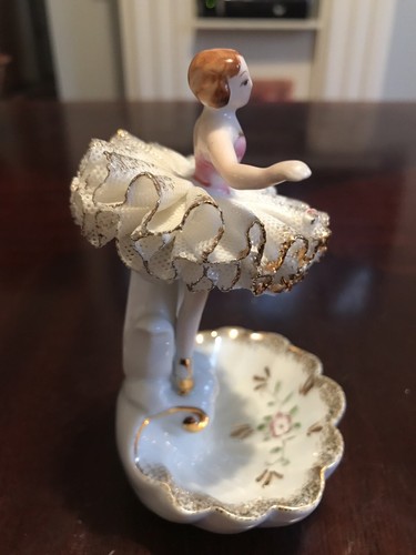 Vintage Ballerina Figurine Ring Trinket Holder Cup Lace Tutu Gold Trim Unmarked