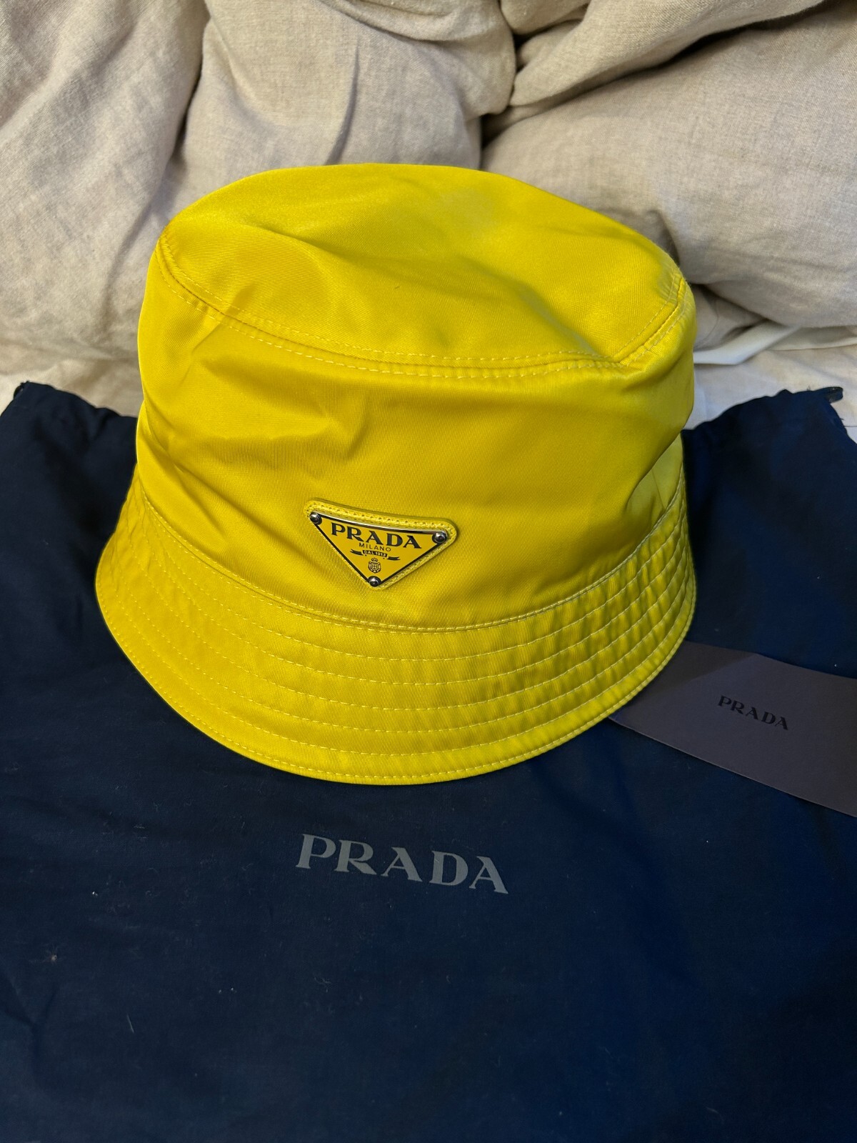 Prada Nylon Yellow Pineapple Bucket Hat Silver tone Triangle Prada Nylon Yellow Pineapple Bucket Hat Silver tone Triangle