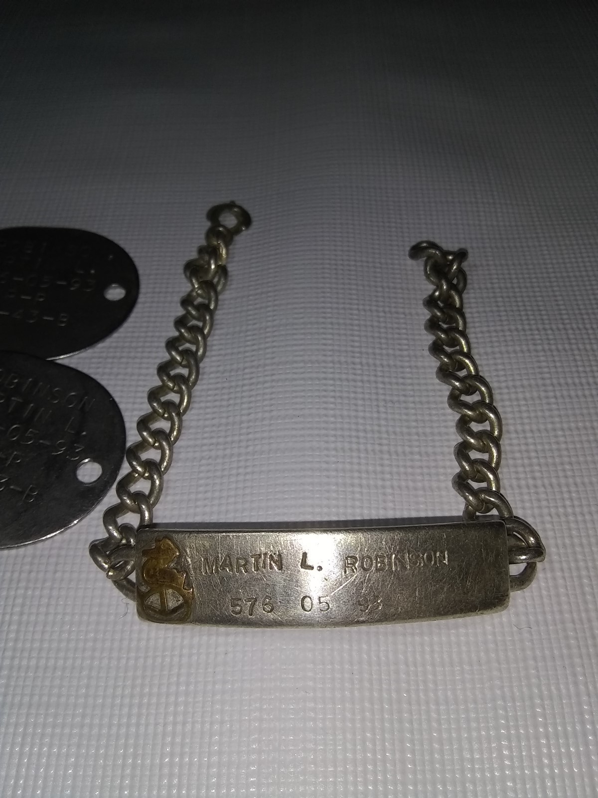 WWII US Navy Reserve USNR Dog Tags and Truart Sterling soldier ID bracelet 1943