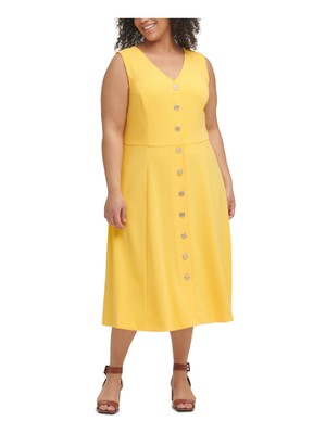 

TOMMY HILFIGER Женское желтое платье миди без рукавов с искусственными пуговицами спереди, плюс, Желтый