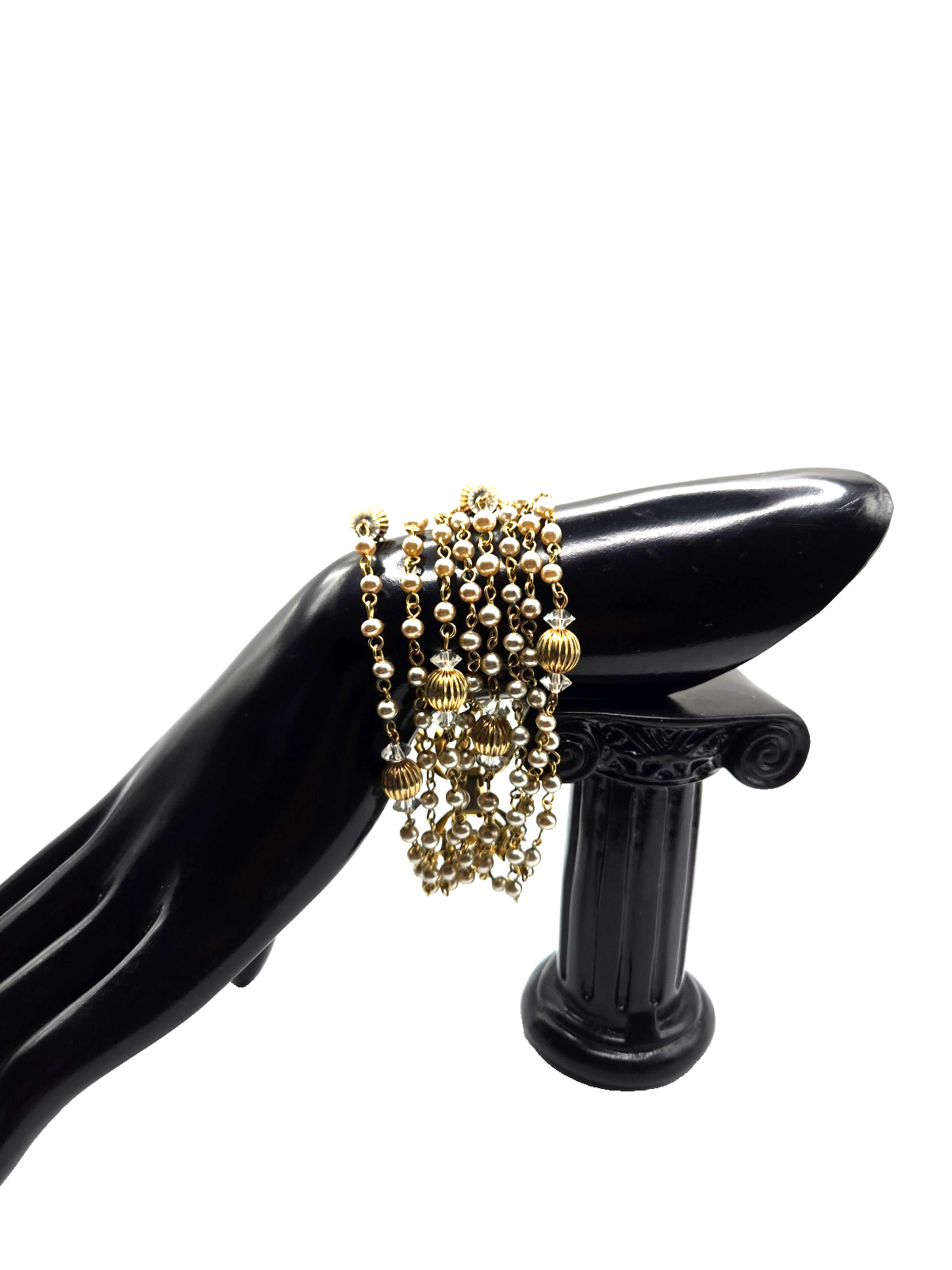Vintage Signed Lisner Bracelet Multi-Strand Pearl Dangle Gold Beads Crystal 1950