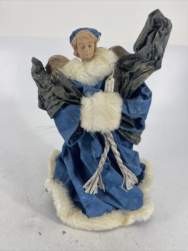 Vintage 12" Porcelain  Face Angel Tree Topper Christmas Blue Dress