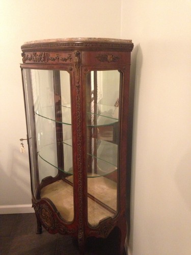 Antique Curved Glass Curio Caninet With Marble Top