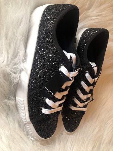 Torrid 8W 8 Wide Width Black Sparkle Glitter Metallic Lace Up Sneakers Shoes NEW