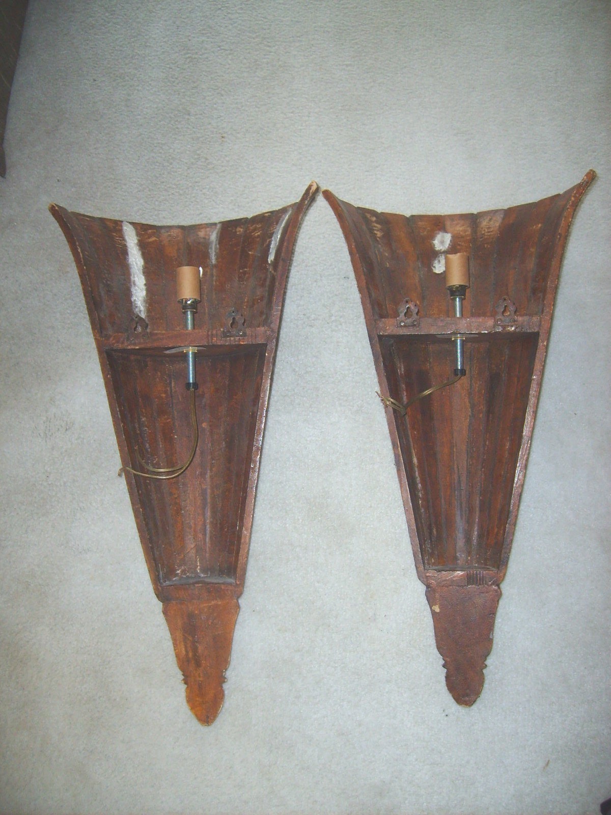 Pair fluted Wood Uplight Electric Wall Sconces