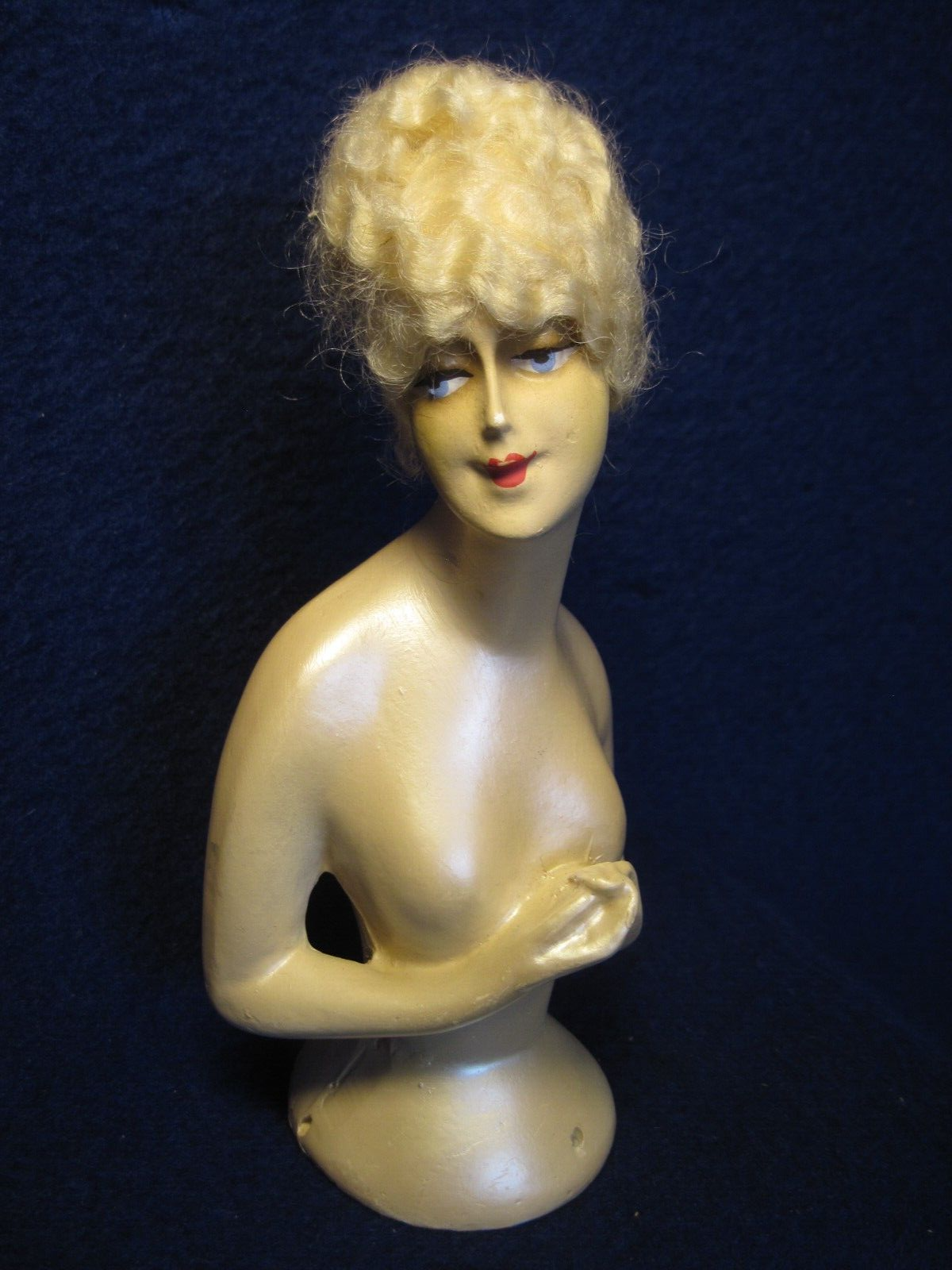 Vintage 1920-30 8" chalkware pin cushion half doll w/hair form "KG/RG"