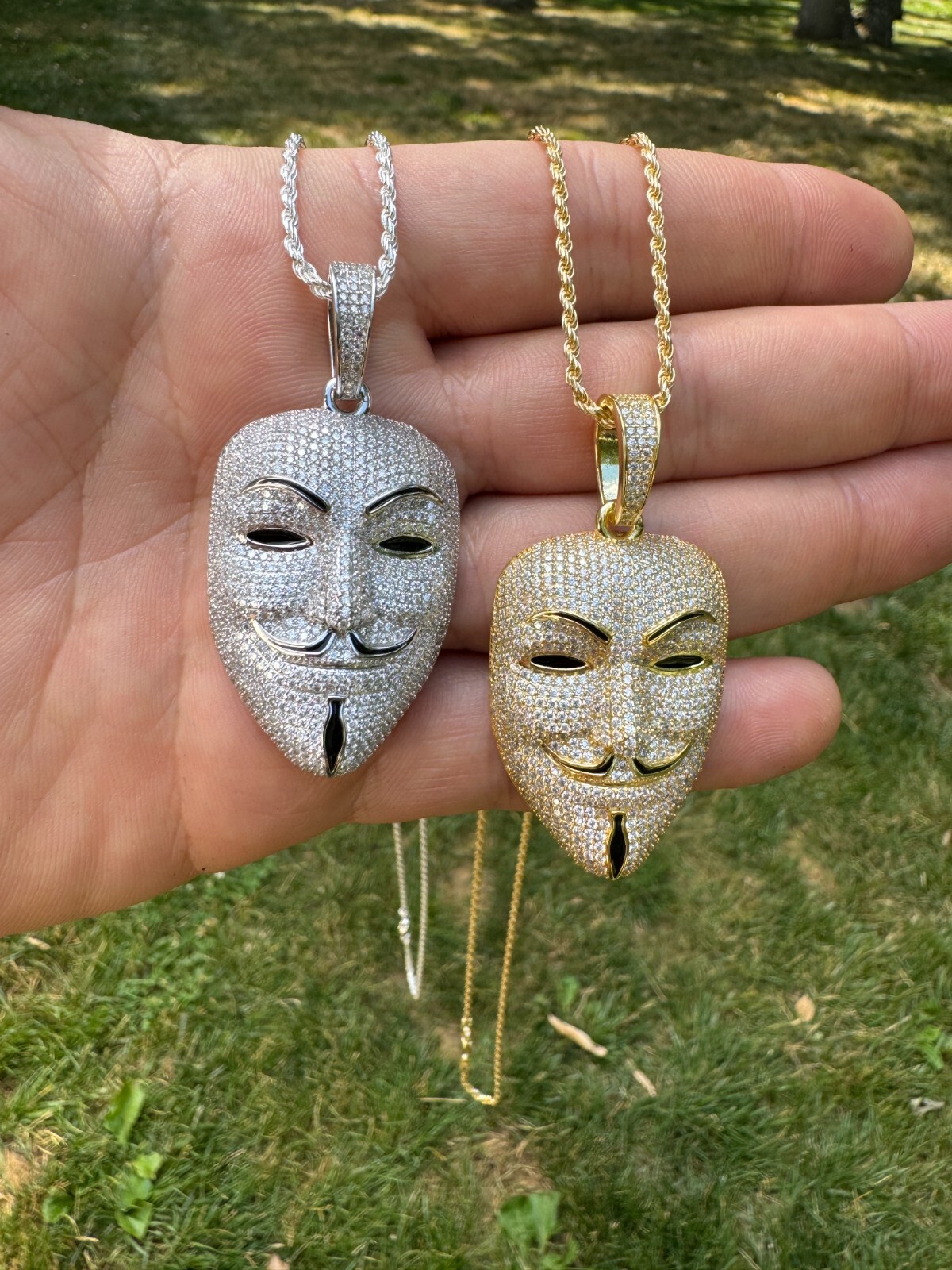 Pre-owned Hip Hop Real Moissanite V For Vendetta Mask Iced Anonymous Pendant Necklace 925 Silver In White