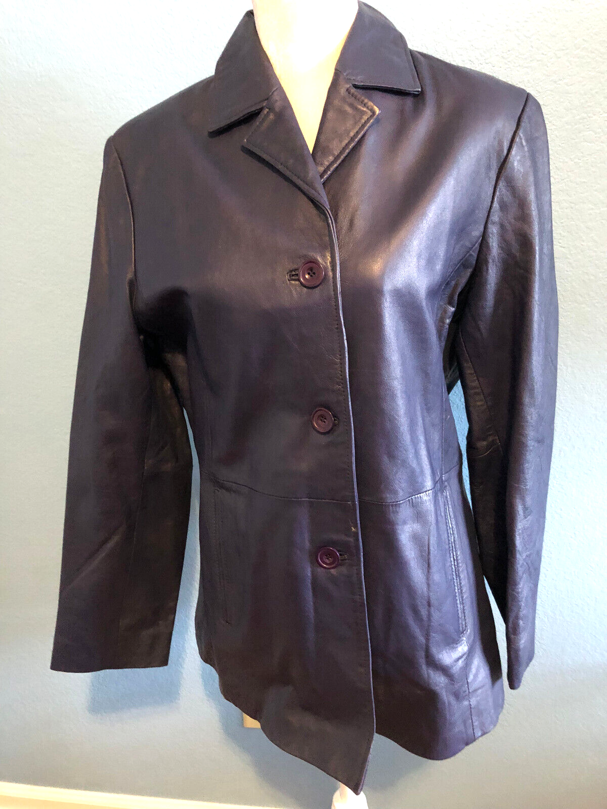 Excelled sz L-Navy blue leather jacket-button front-EUC
