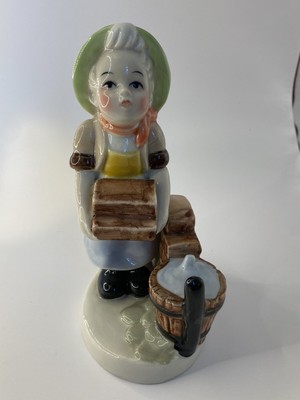 Ceramic Figurine Boy With Brick Wall Occupied Japan Vintage 6 Inch Gloss Glaze
