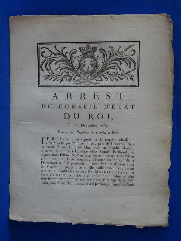 Arret Du Conseil D'Etat Du Roi Manque De Respect Envers L'Eveque D'Arras 1767