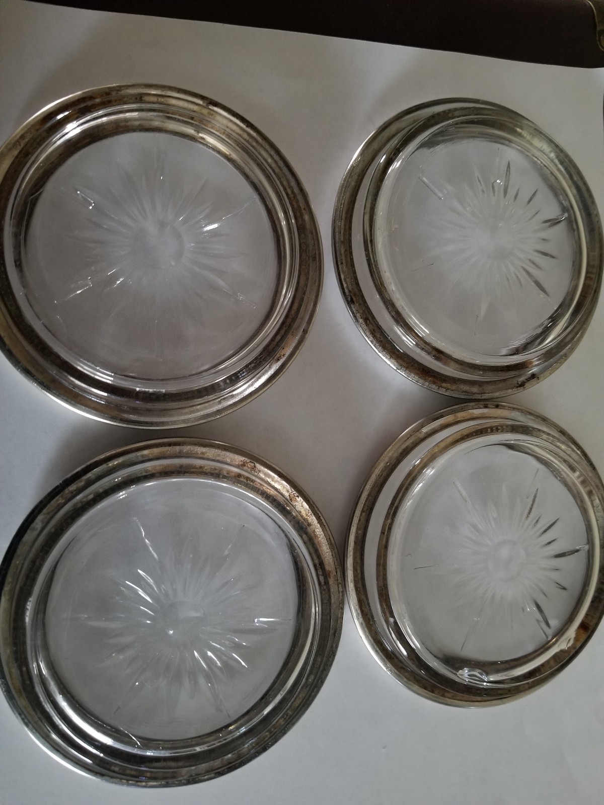 Vintage Pressed Glass Coasters Starburst Pattern Silver Plate Trim Set of Four