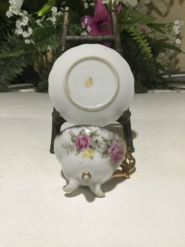Vintage Hand Painted Porcelain Minature Tea Cup & Saucer Pink Floral Design Gold