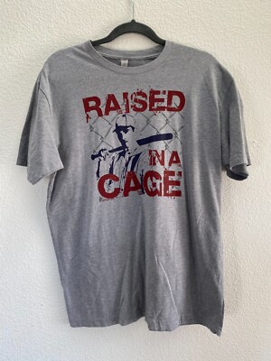 Raised In A Cage Baseball Chalk Talk Sports Gray T-Shirt Men's Large 
