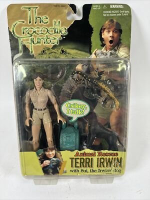 Vintage The crocodile hunter figure Terri Irwin with Sui Dog Sealed 2000