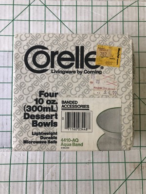 Corelle Livingware Corning 4 10 oz Dessert Bowls Aqua Band New in Box