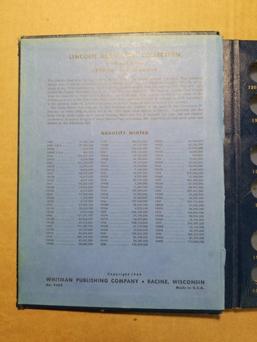 1960 Whitman Publishing Company Lincoln Cent Coin Folder No. 9405 1909-1940